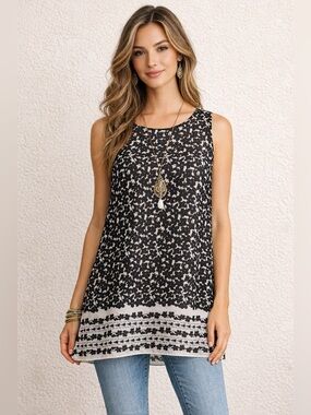 Max Studio Sleeveless Tunic Top – Black/White Floral w/ Blue Accents